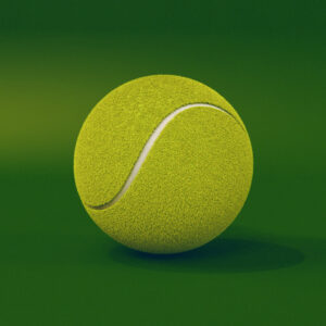 An image of a 3D modeled tennis ball against a green background