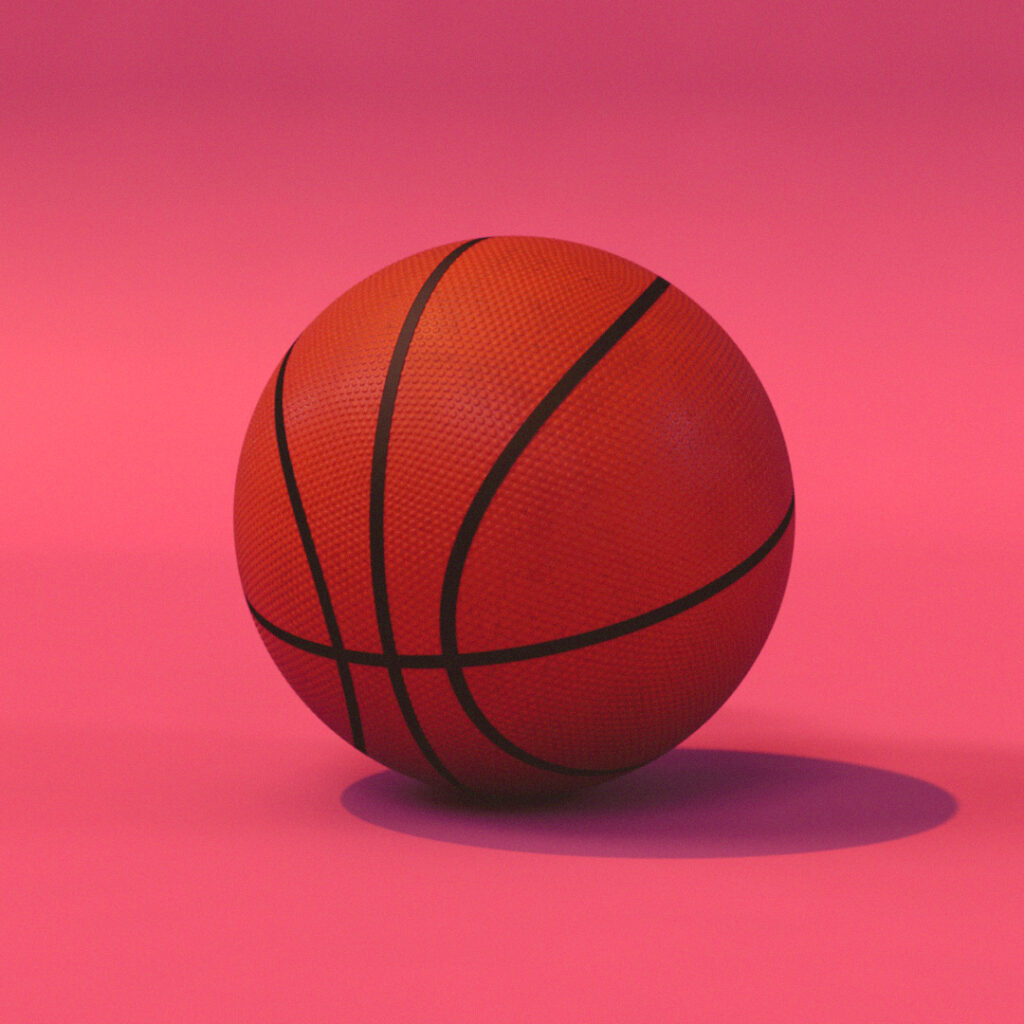 An image of a 3D modeled basketball against a pink background