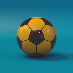 An image of a yellow and black 3D modeled soccer ball against a blue background
