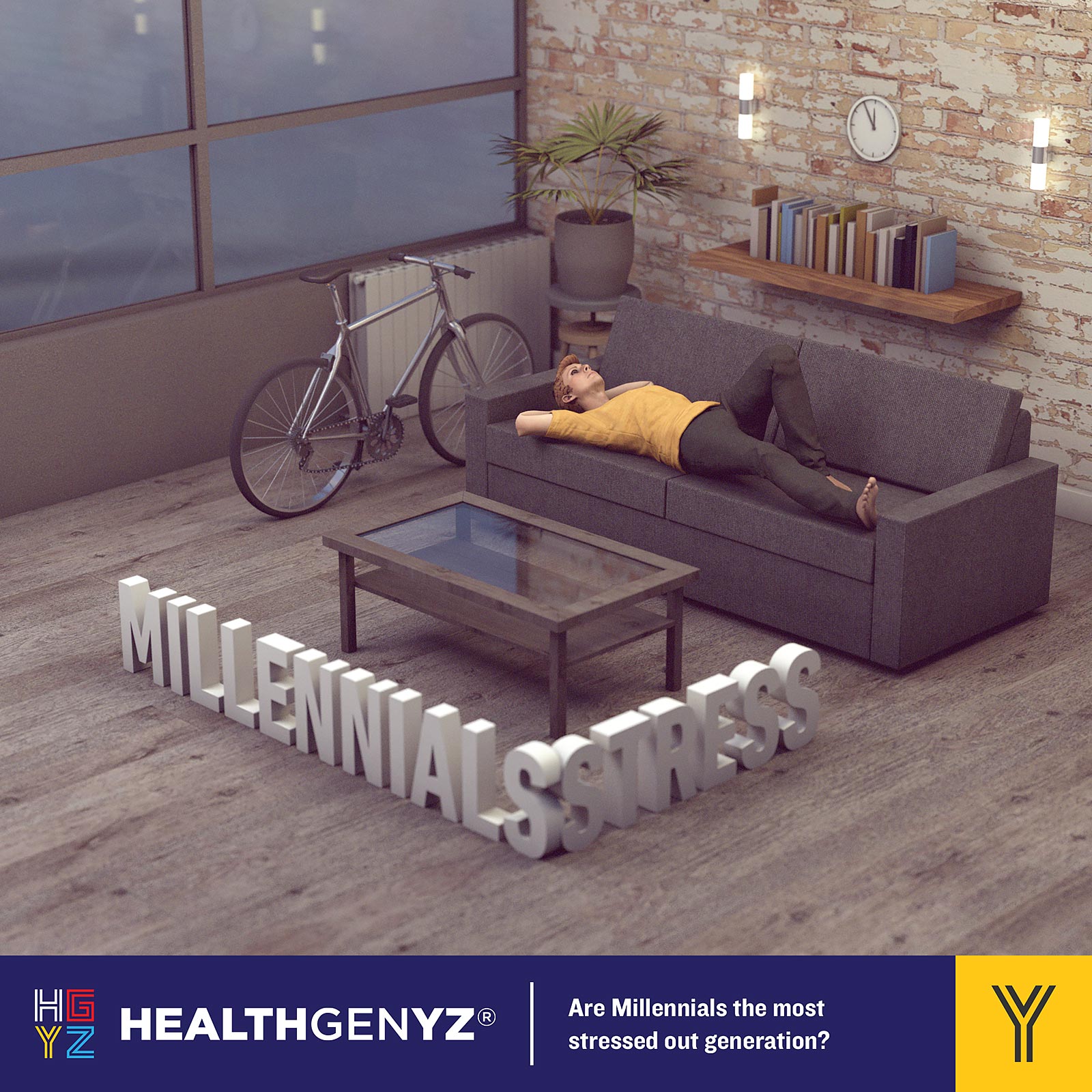 HealthGenYZ category content; a 3D model of a person laying down on a couch in an apartment, with a glass coffee table, a wall-mounted bookshelf behind the couch, a bicycle by the arm of the couch, a potted plant in the back corner of the room, and large windows looking out into a cloudy-grey city, with 3D extruded text on a hardwood floor that says, "Millennial Stress".