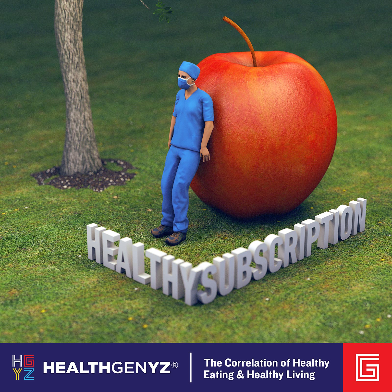 HealthGenYZ category content; a 3D model of a person leaning up against a giant red apple, on a grassy lawn with a tree, with 3D extruded text on the lawn that says, "Healthy Subscription".