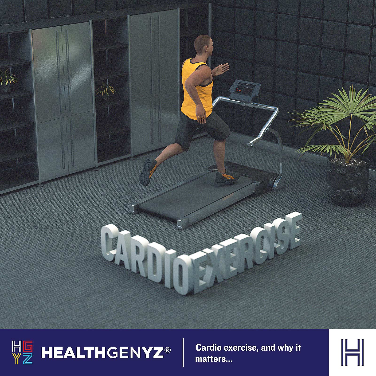 HealthGenYZ category content; a 3D model of a person in a yellow tank top & black shorts running on a treadmill in a swank gym with low-pile carpet and black tiled walls, with a dark-marble pot with a plant in it, and 3D extruded text on the carpet that says, "Cardio Exercise".
