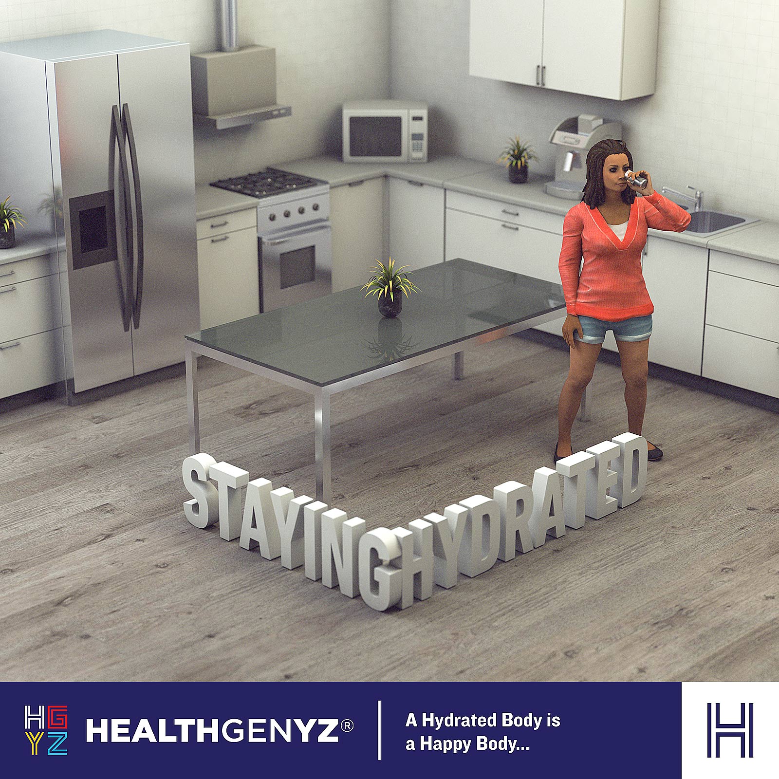 HealthGenYZ category content; a 3D model of a person in a salmon-pink blouse with a white shirt underneath, and acid-wash jean shorts, standing in a white kitchen with hardwood floors, drinking water, with the words, "Staying Hydrated" on the floor in 3D extruded text.