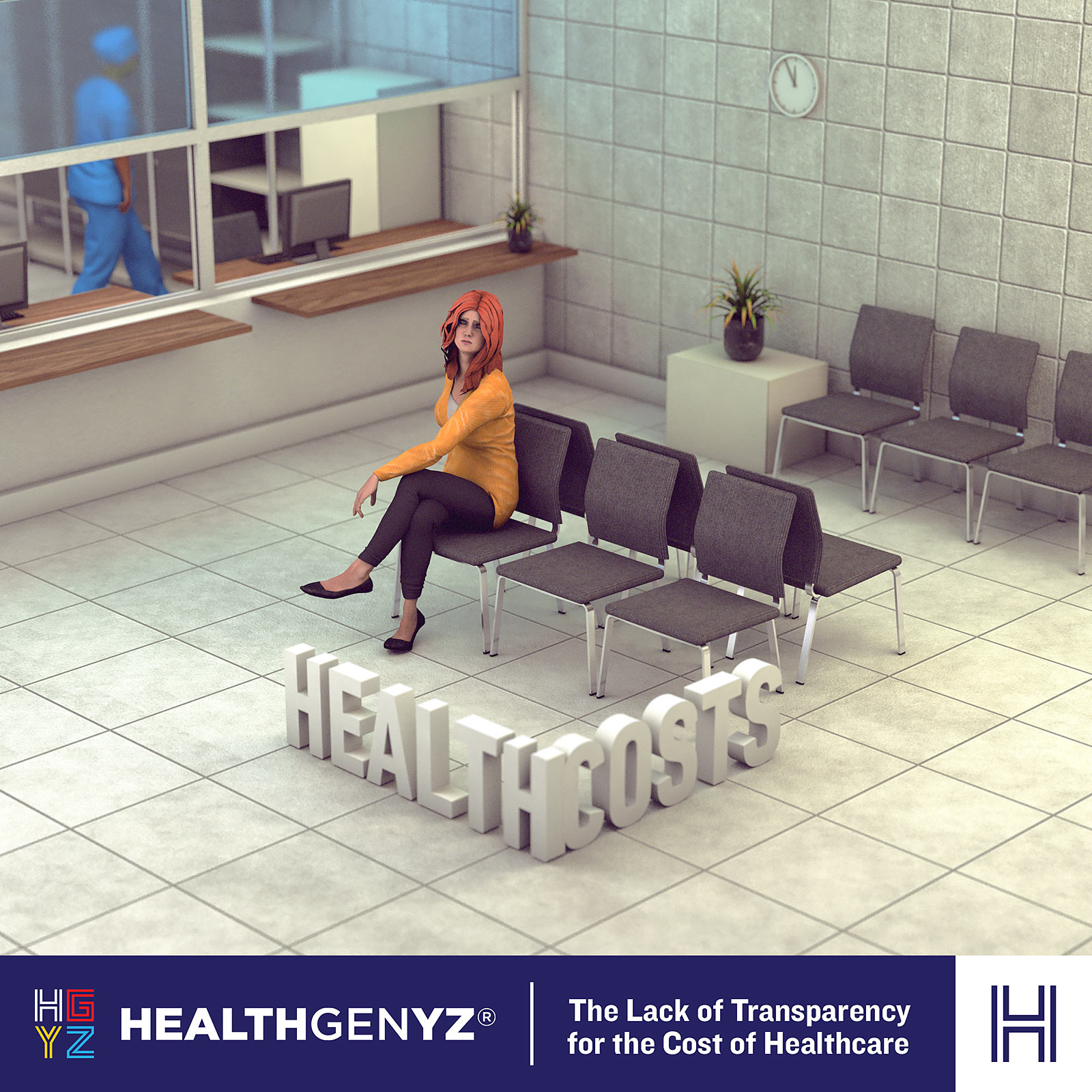 HealthGenYZ category content; a 3D model of a person in a yellow blouse, with a white shirt underneath, and black leggings, sitting on a chair in a pharmacy waiting room, with tiled floors, and a pharmacist in the background, with 3D extruded text on the floor that say, "Health Costs".