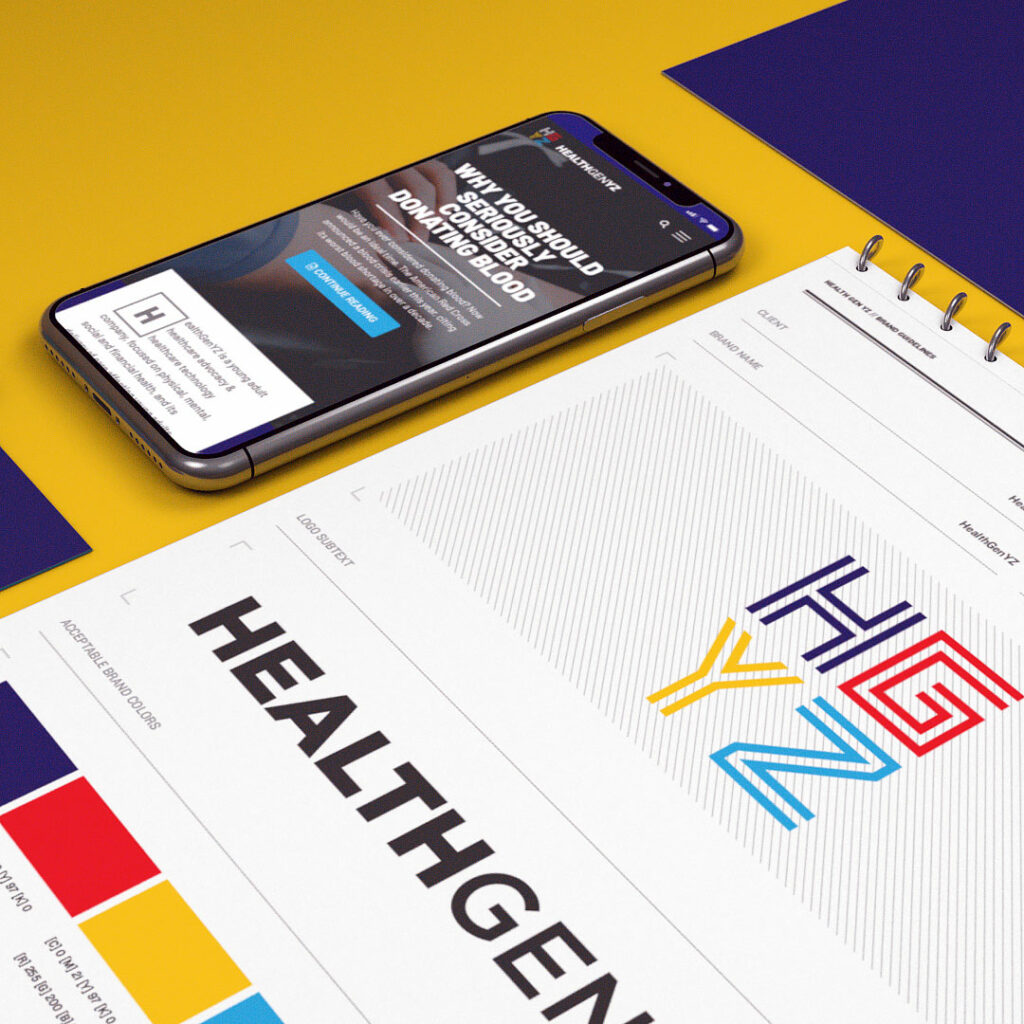 A brand spread of HealthGenYZ creative, designed by Colorcubic®, depicting the mobile version of the HealthGenYZ website, the branding guidelines, and some business cards.