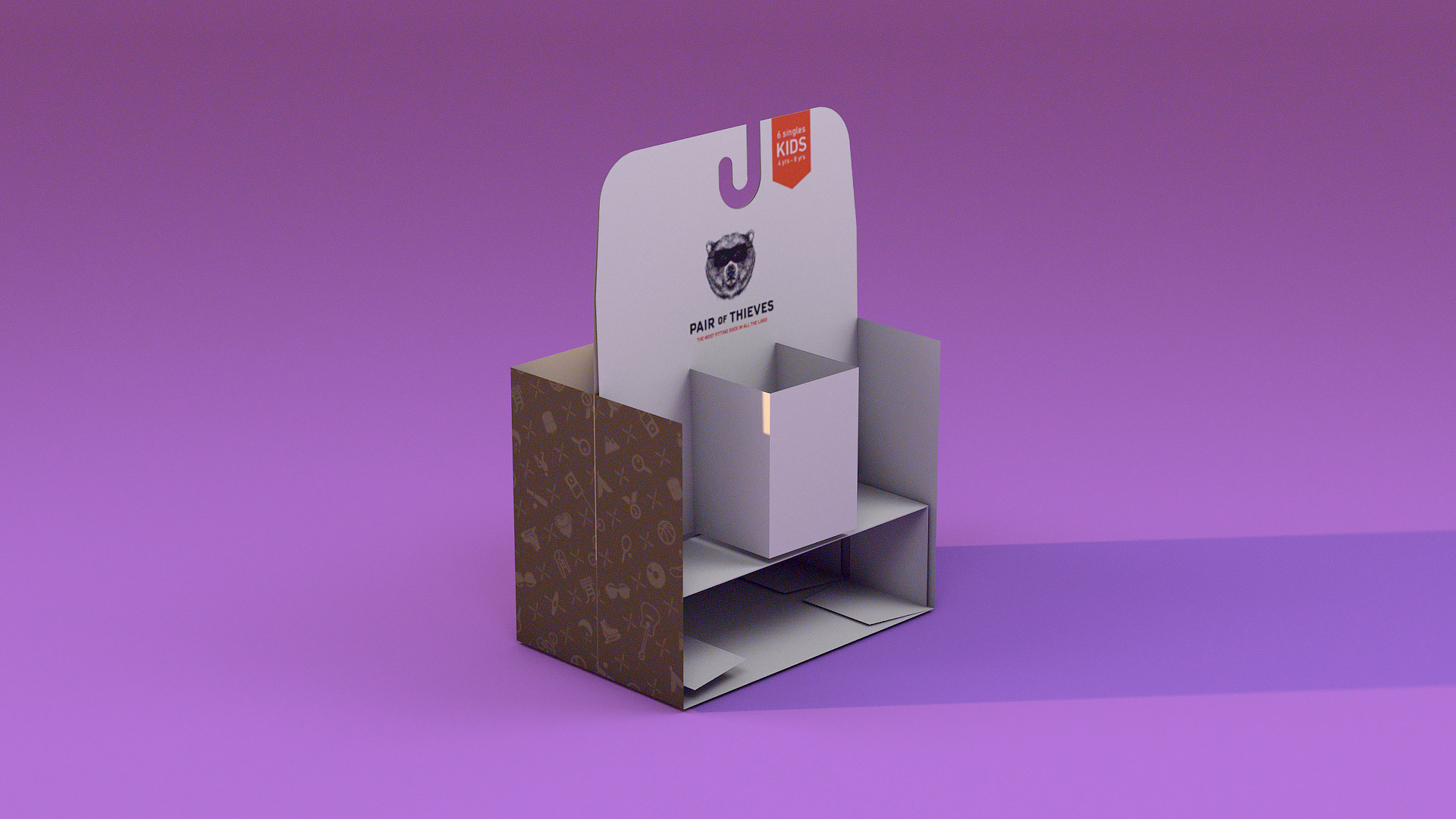 An image of a custom "six pack" sock holder for the Pair of Thieves sock & underwear brand, placed against a purple background.
