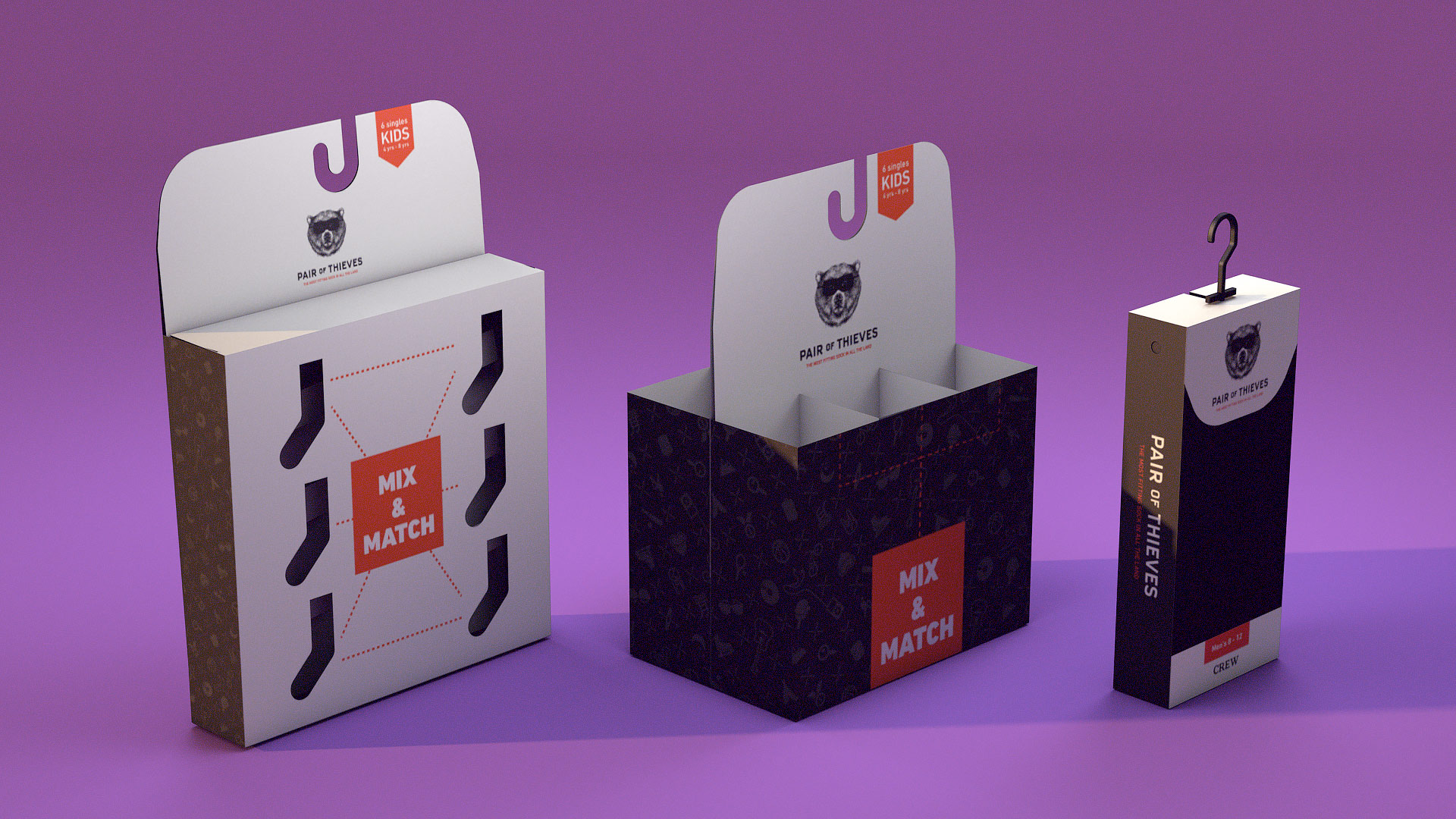 An image of a custom Pair of Thieves package design, placed against a purple background.