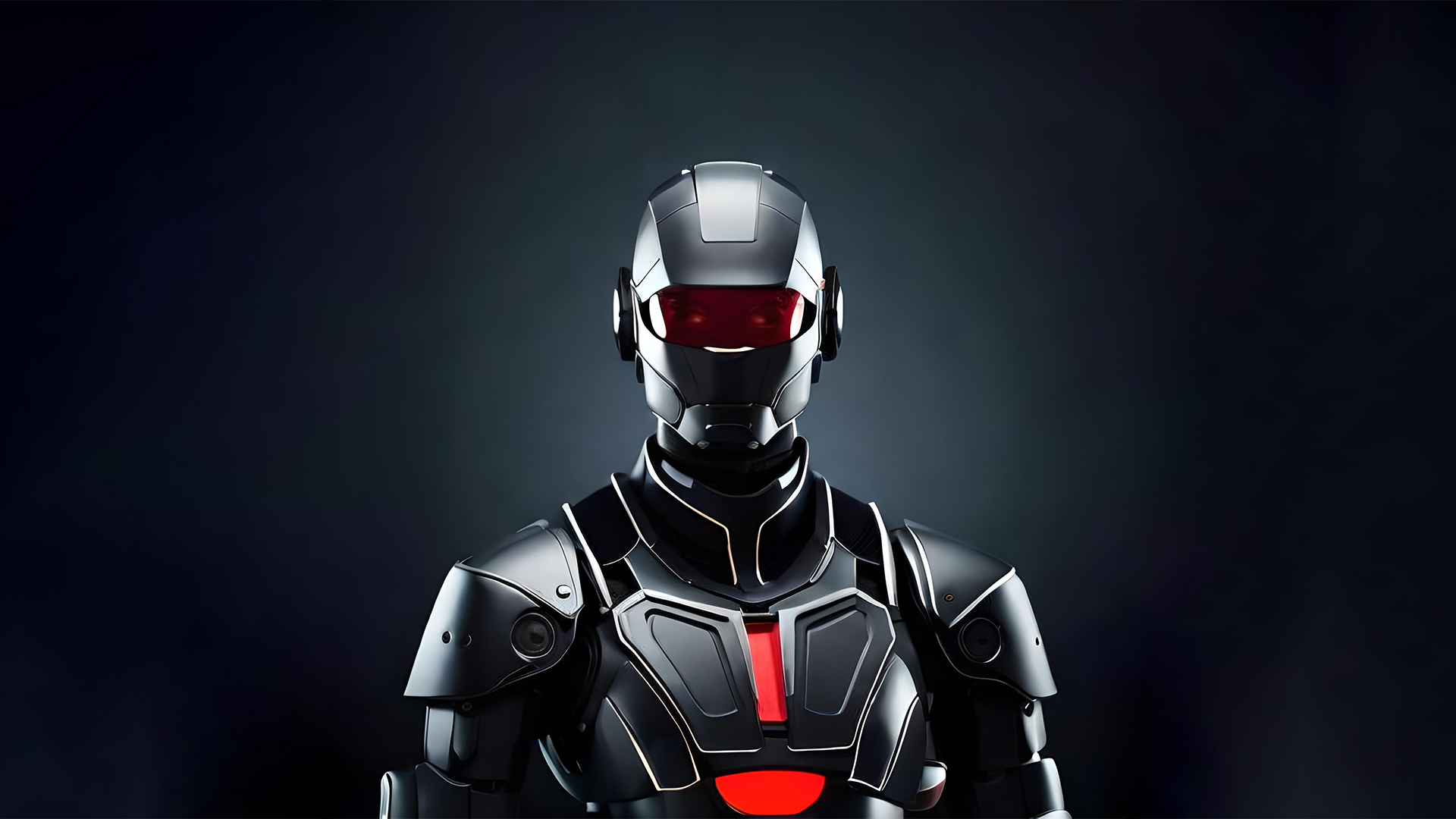 A matte-black robot with a red visor for eyes, standing against a dark-charcoal colored background