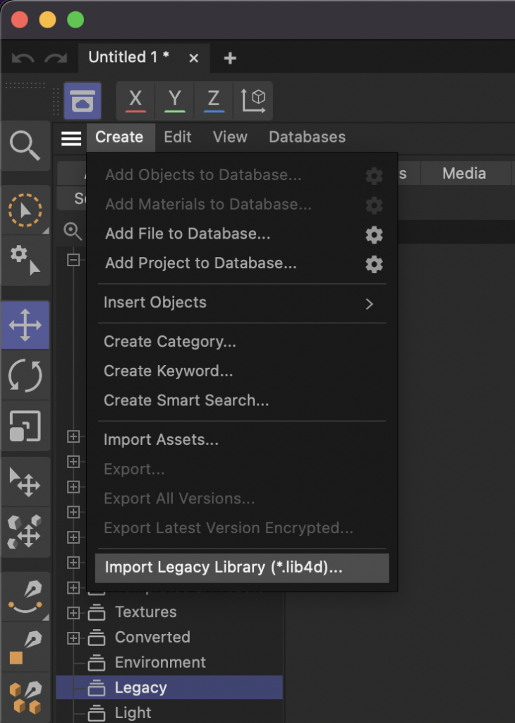 Cinema 4D 2023 - Asset Browser Window, Import Legacy Library