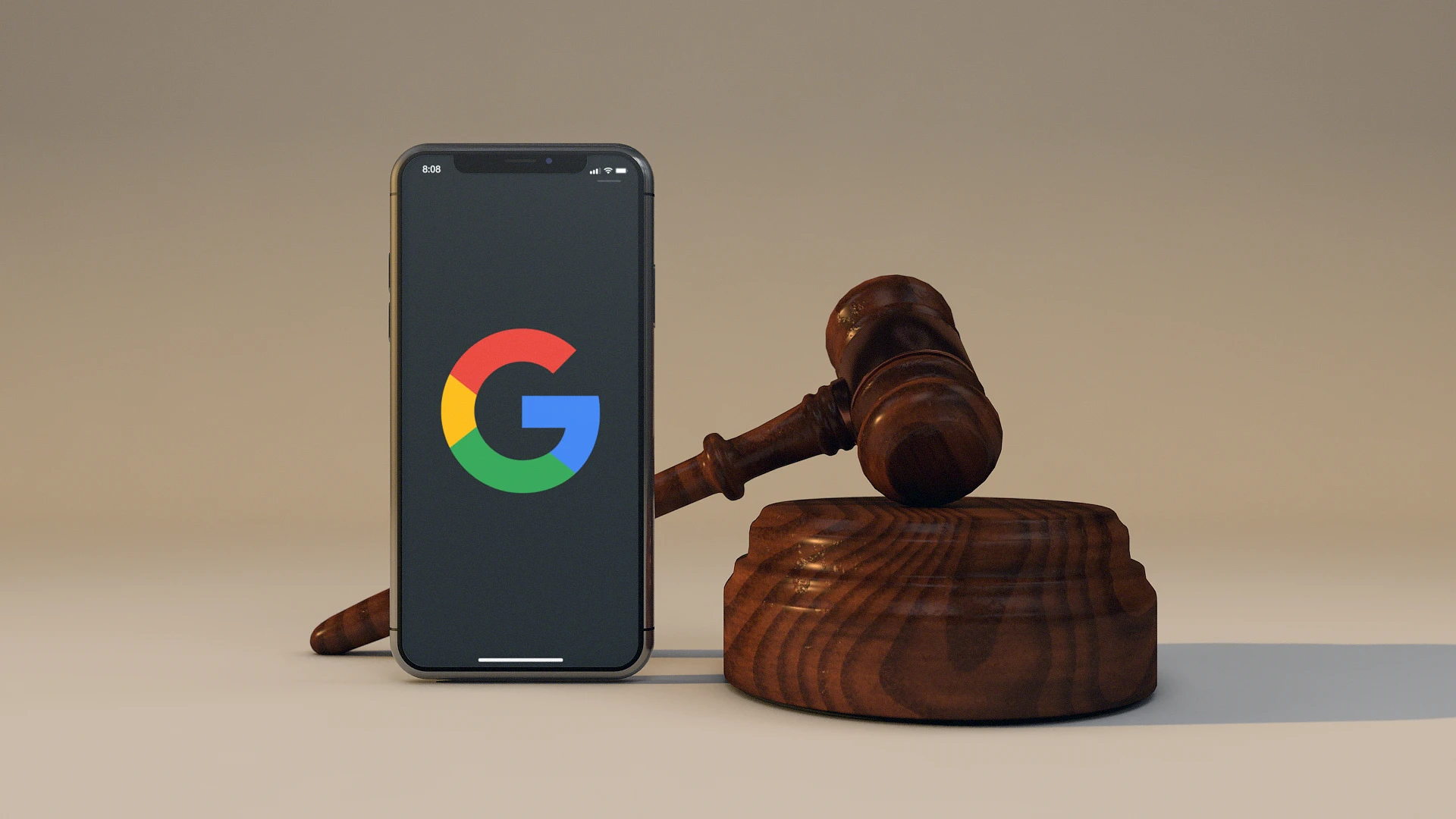 A 3D render of a smartphone with the Google logo, and a gavel from a court hearing.