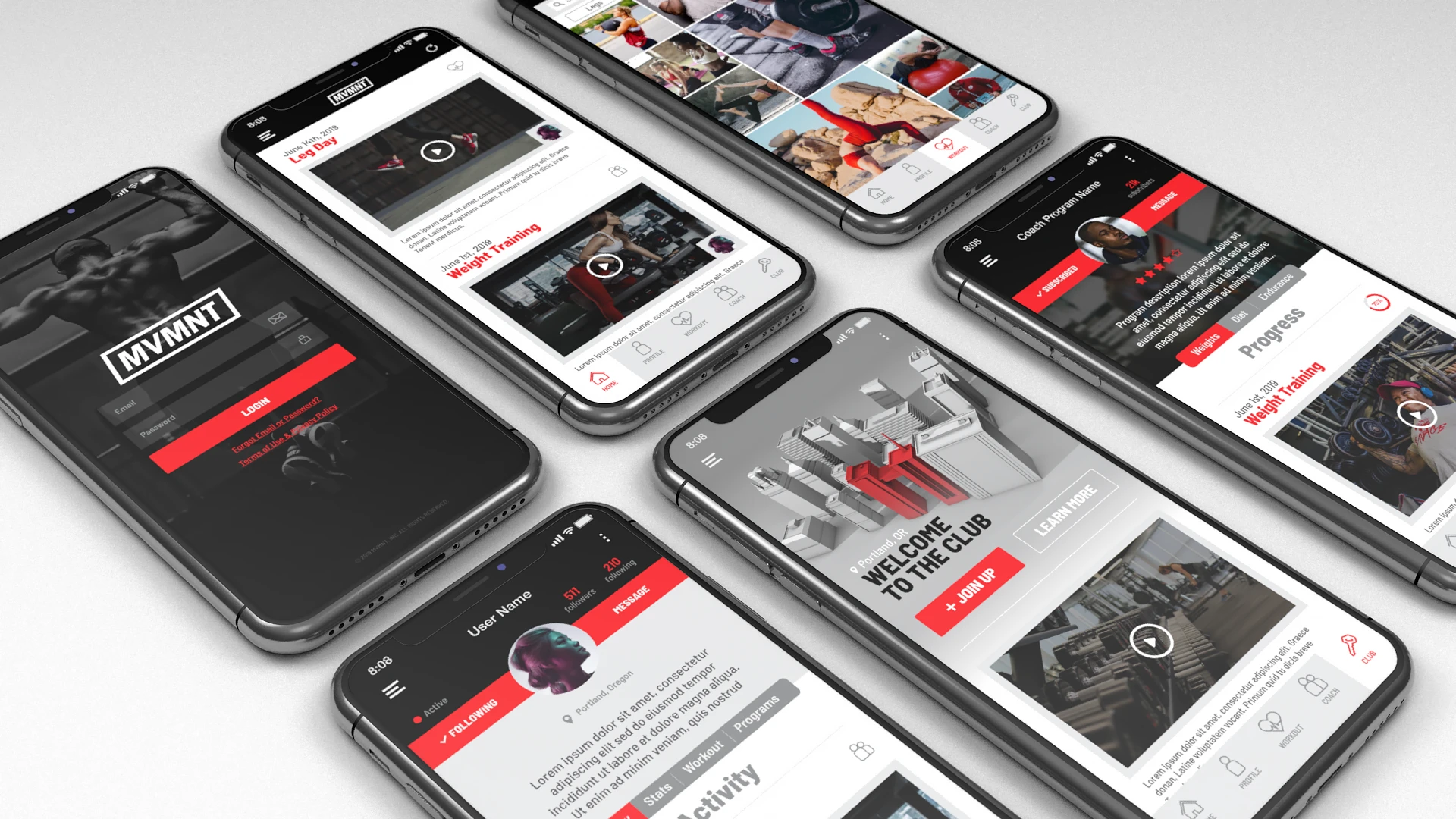An image of an array of iPhones laying flat on a white background, with mobile app screens called MVMNT, related to fitness, displayed on them.