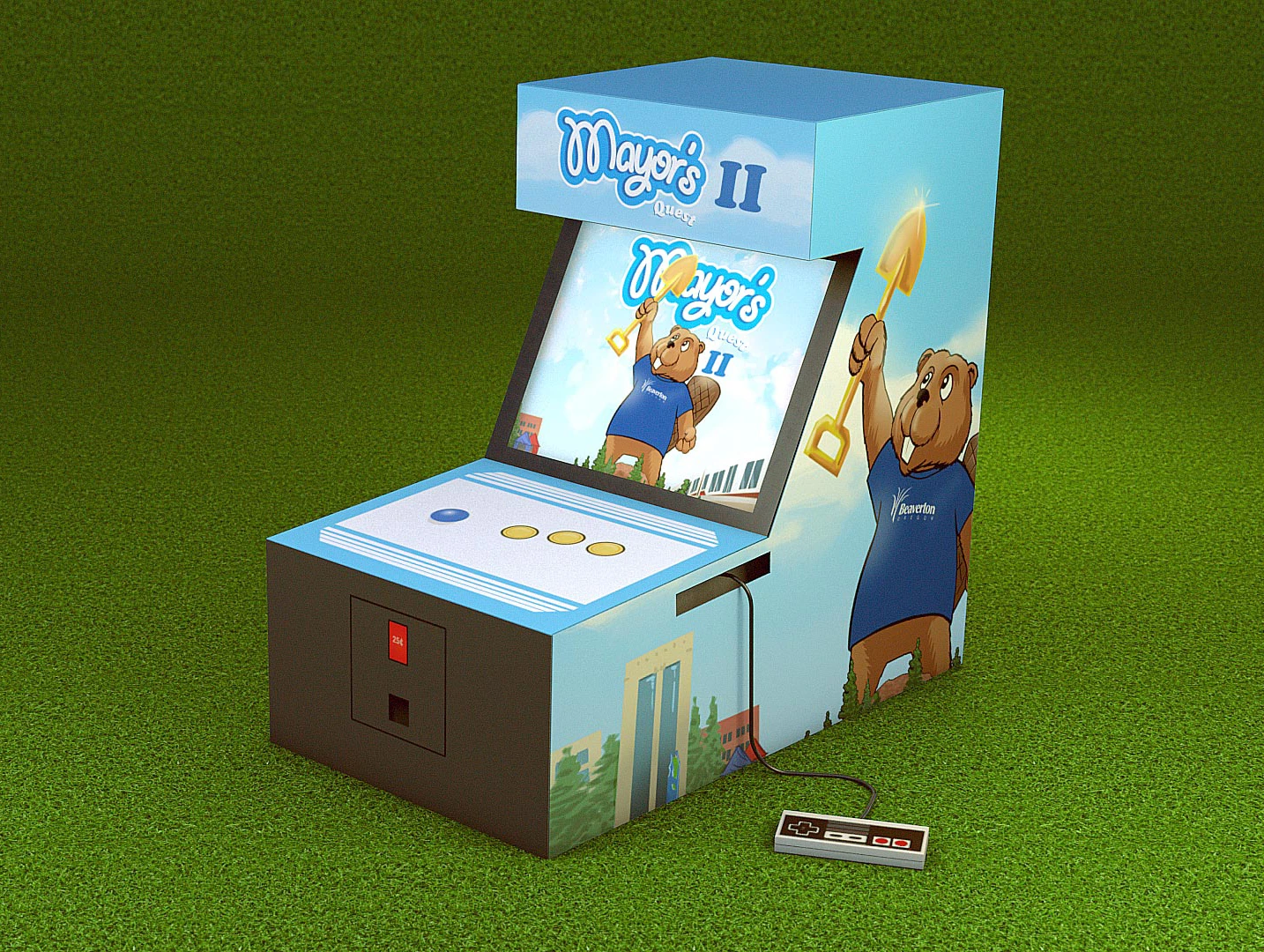 A 3D render of an arcade cabinet for a custom video game designed for the state of the city for the City of Beaverton in Oregon